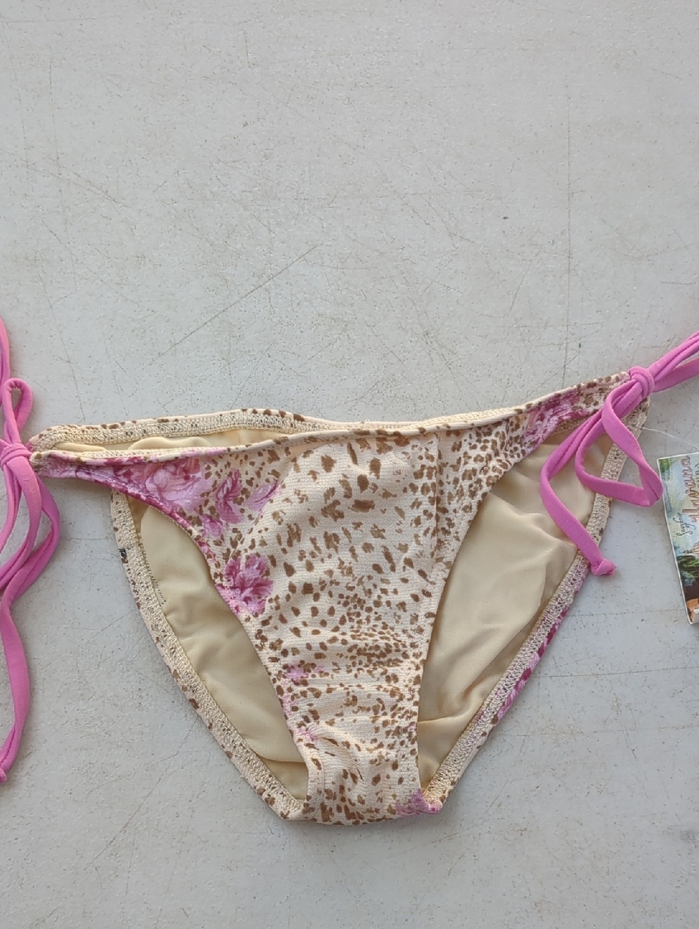 Nicolita Beige Animal-Print Bikini Bottom with Pink Tie Sides